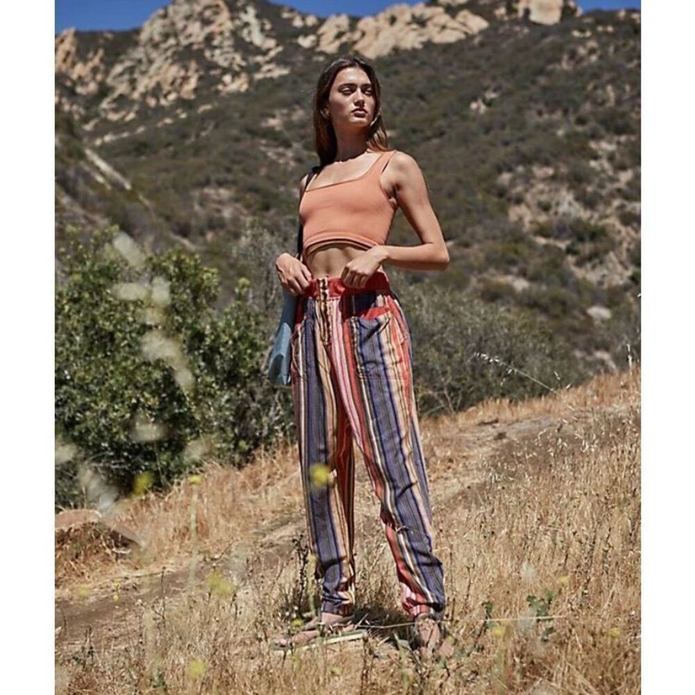 Free People Peach Crop Top with Multicolor Striped Joggers